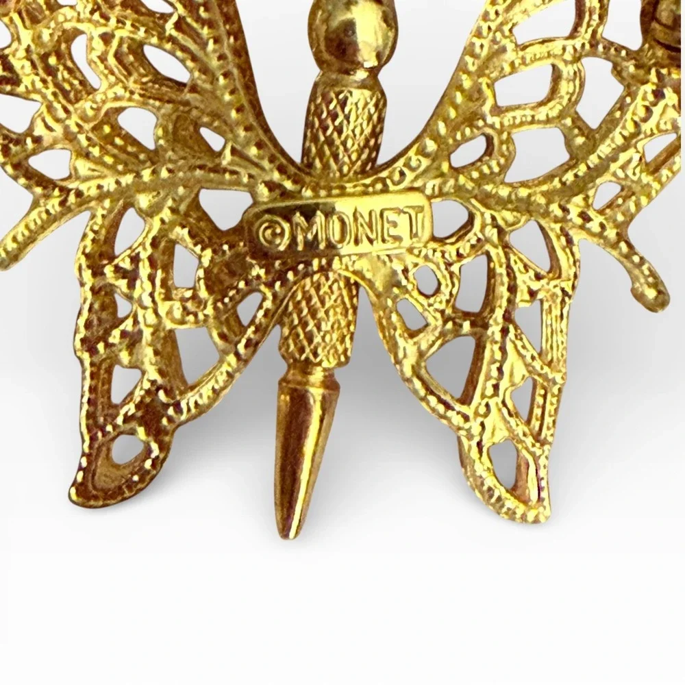 Monet Signed Gold‎ Tone Butterfly Brooch Filigree Vintage